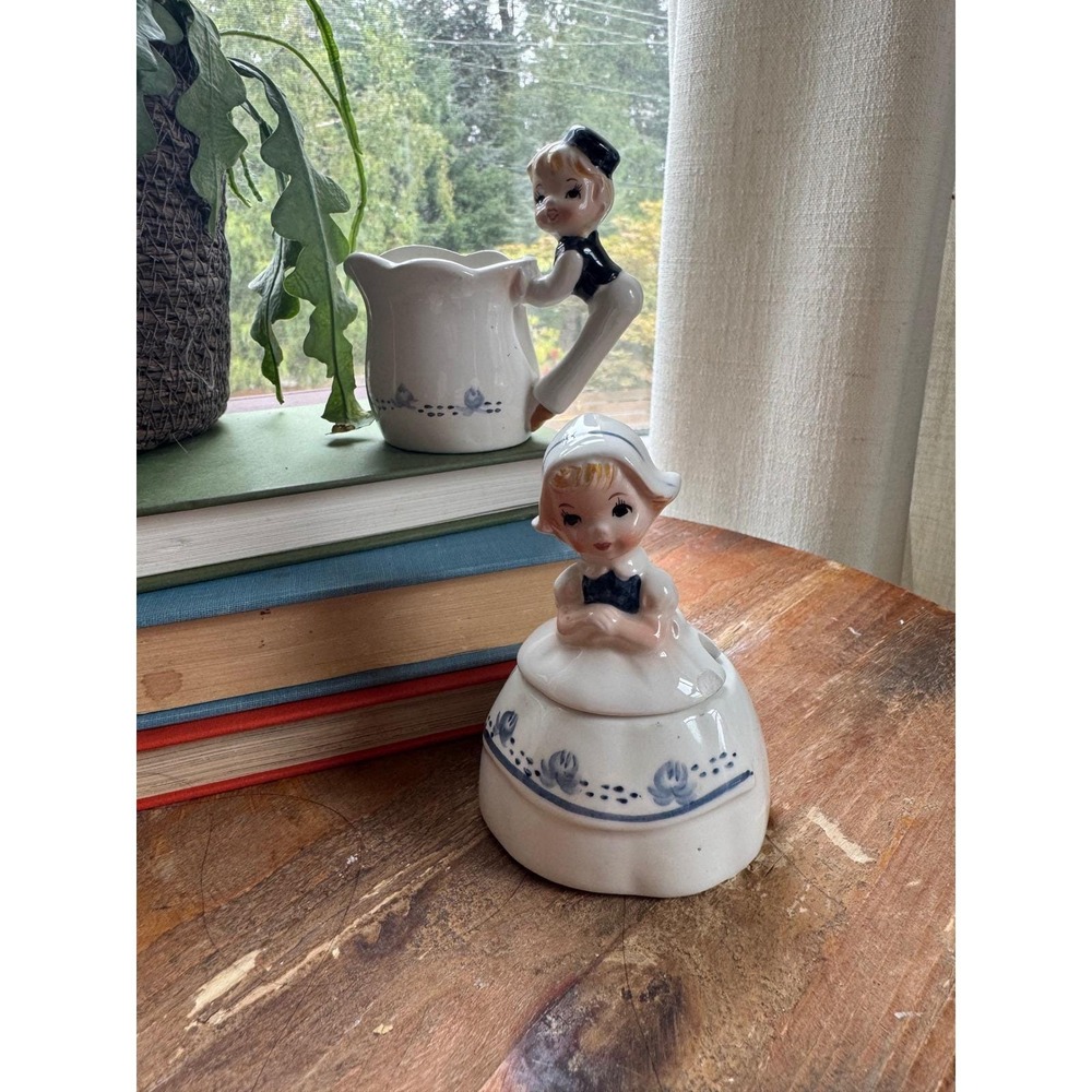 Vintage Enesco Dutch Boy and Girl Ceramic Creamer and Sugar Bowl Set Blue White